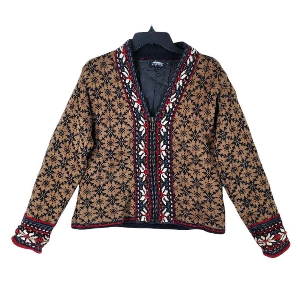 Vtg Icelandic Design Sweater Jacket Womens S Nordic Brown Multicolor Lined